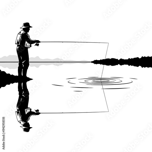 Silhouette Fisherman Casting Line on Calm Lake at Sunrise