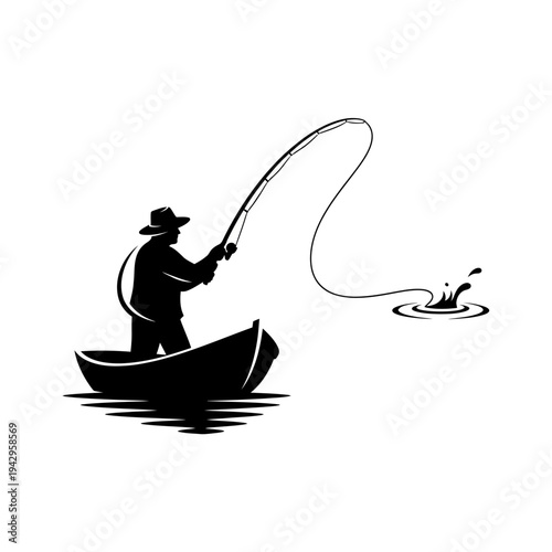 Silhouette of a fisherman casting a line from a boat on the water