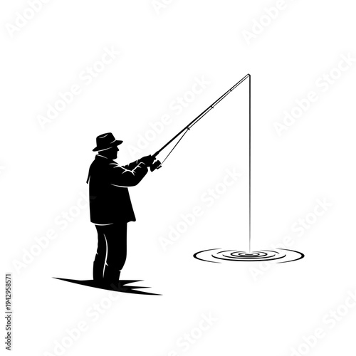Silhouette of a fisherman casting a line into a hole in the ice