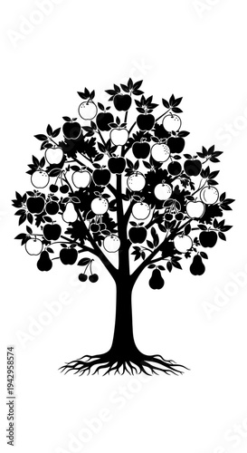 Silhouette of a fruit tree with apples, pears, and cherries, roots visible