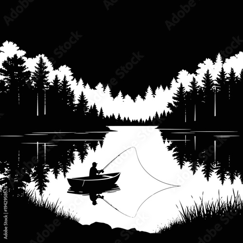 Silhouette of a Fisherman in a Boat on a Serene Lake at Dawn, Surrounded by Forest
