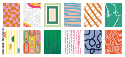 Mid Century modern abstract pattern vector set with colorful geometric stripes dots grids and organic shapes. Vibrant retro design for wallpaper, textile, wrapping paper, packaging and background.