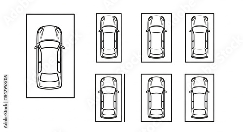 Illustration of cars parked in a lot with one empty space.