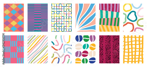 Mid Century modern abstract pattern vector set with colorful geometric stripes dots grids and organic shapes. Vibrant retro design for wallpaper, textile, wrapping paper, packaging and background.