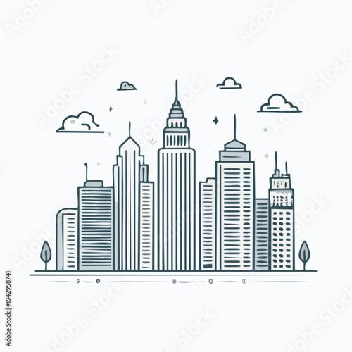Charming cityscape illustration featuring modern skyscrapers and fluffy clouds against a clear sky