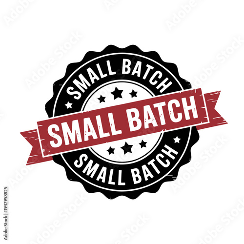 Small batch label with red banner and white text on black circle