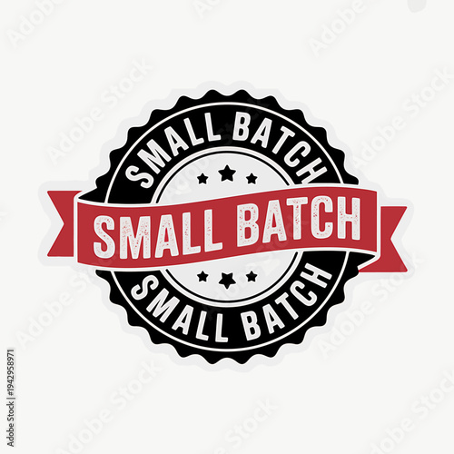 Small batch label with red banner and black circle on white background