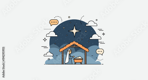 A minimalist illustration of a nativity scene under a starry sky, featuring simple lines and modern design elements