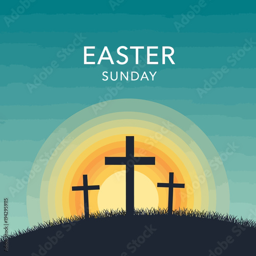 Easter Sunday Sunrise with Three Crosses on Hilltop