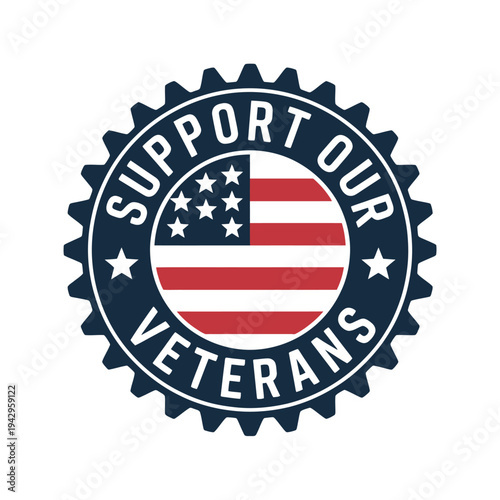 Support our veterans American flag badge sticker isolated on white background
