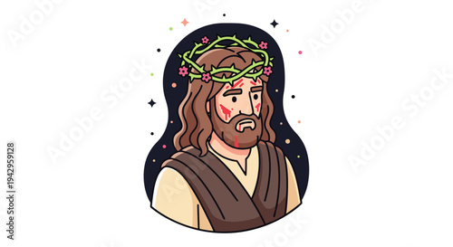 A stylized illustration of a crowned figure with long hair and a serene expression, in a modern flat style