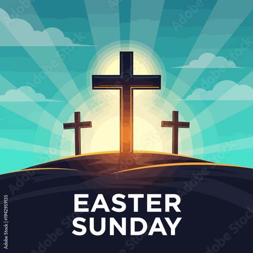 Easter Sunday Three Crosses on Hill at Sunrise with Rays of Light