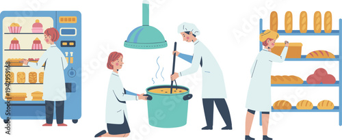 Bakery workers preparing fresh bread and pastries in commercial kitchen with oven racks dough mixing teamwork baking production illustration