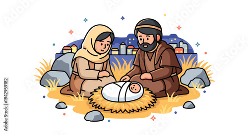 A stylized nativity scene featuring Mary, Joseph, and baby Jesus in a minimalist, modern illustration