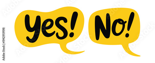 Yes No speech bubble icon, yes no text talk shape vector illustration, chat decision symbol badge sticker mark design element for question answer interface on white background.