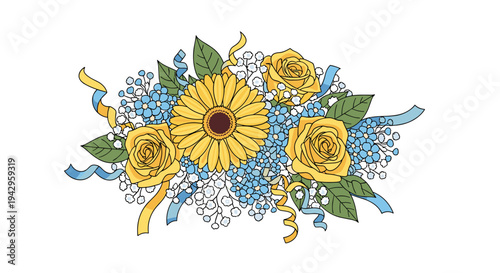 A vibrant floral arrangement featuring sunflowers and roses in a colorful, modern illustration style