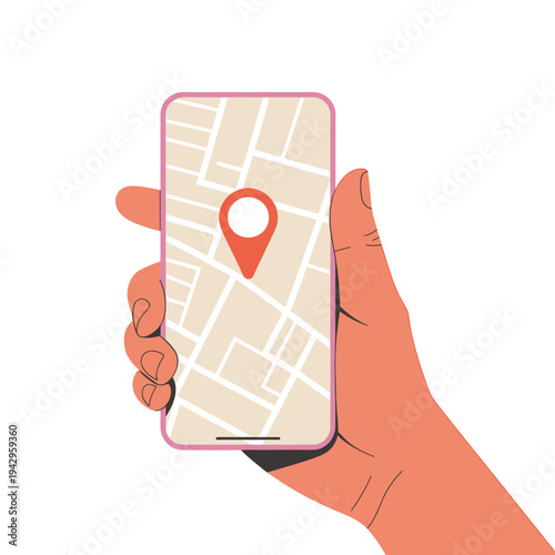 Hand holding smartphone with map and location pin on screen