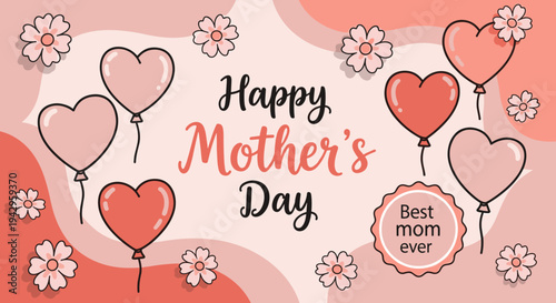 A cheerful Mother's Day illustration featuring colorful balloons and flowers in a playful, modern style