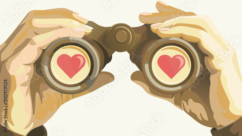 Vector illustration of hands holding binoculars with heart shapes