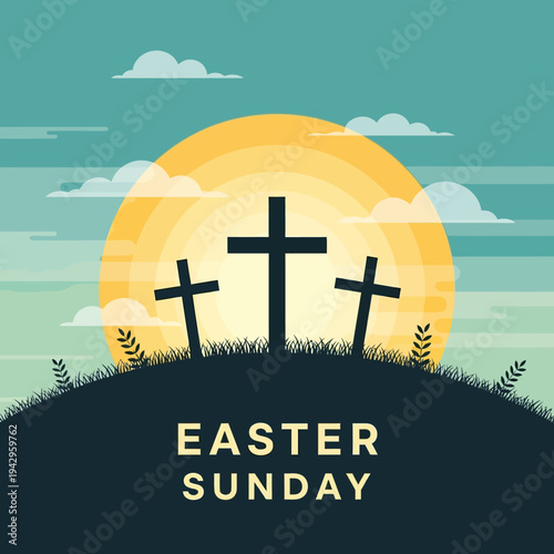 Easter Sunday Sunrise with Three Crosses on Hilltop, Christian Religious Symbolism