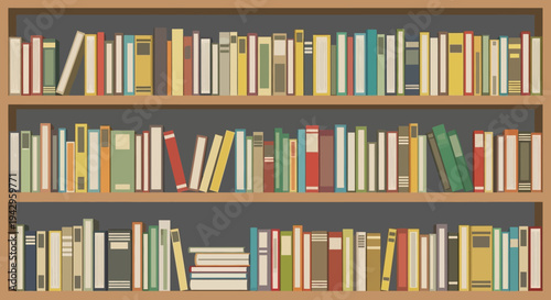 A full wooden bookshelf with colorful books arranged in a disorganized manner against a dark background.