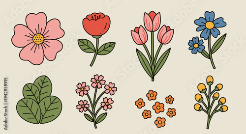 A vibrant collection of hand-drawn flowers and leaves in a flat style, perfect for floral designs