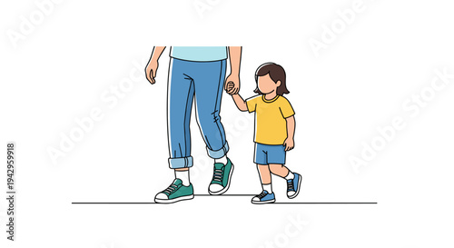 A parent holding hands with a child, illustrated in a modern flat style, perfect for family-themed designs