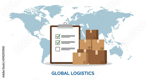 Illustration of global logistics concept with cardboard boxes and checklist on clipboard against world map background