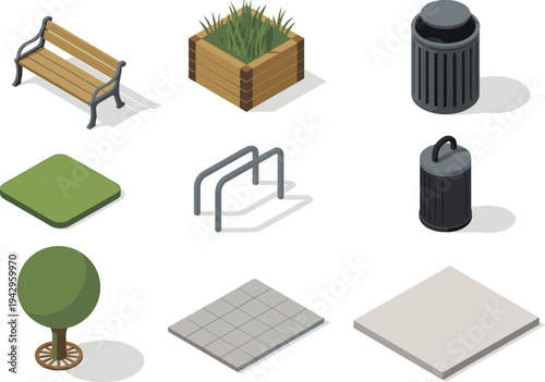 Isometric illustration of urban park elements including benches, trash cans, planter boxes, bike rack, trees, pavement tiles, and green turf for city landscape design concepts.