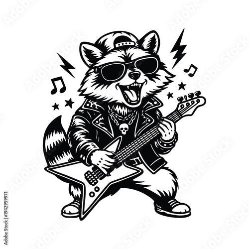 Rockstar Raccoon Playing Electric Guitar, Cool Animal Musician Black and White Vector
