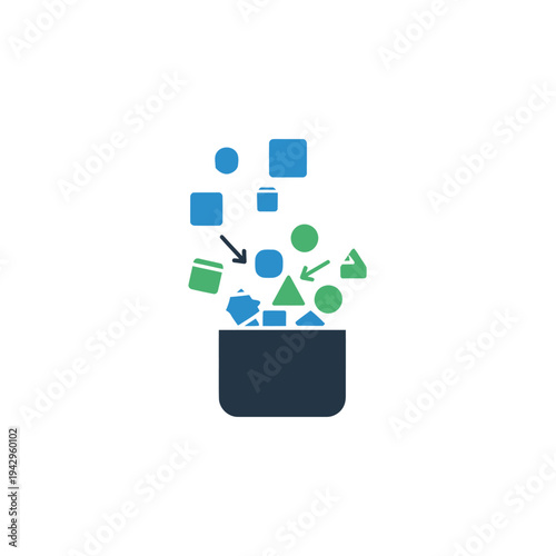 Abstract shapes flowing into a data processing container icon