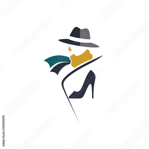 Abstract stylish figure with fedora, coat, umbrella, high heel