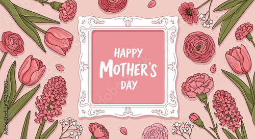 A vibrant Mother's Day greeting card featuring floral elements and a decorative frame in a modern illustration style