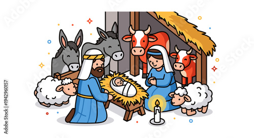A colorful nativity scene featuring Mary, Joseph, and baby Jesus surrounded by animals, in a flat illustration style