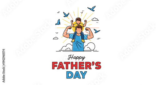 A joyful illustration of a father with a child on his shoulders, featuring a playful design style for Father's Day