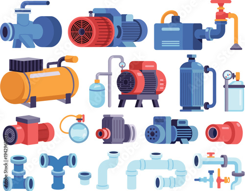 Industrial water pump and pipeline system equipment collection, flat vector illustration set of motors, valves, compressors, pipes and plumbing components