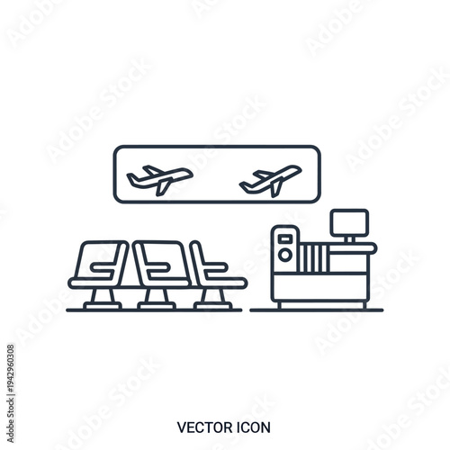 Airport check-in counter and waiting area line icon