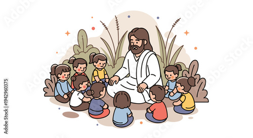 A serene illustration of a figure teaching children in a natural setting, featuring a modern flat style