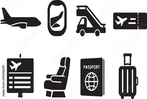 Travel and transportation icons including airplane, Luggage, And passport