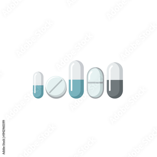 Assorted medication pills and capsules on white background