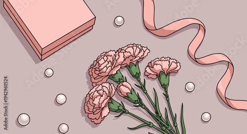 A beautiful arrangement of pink carnations beside a gift box and pearls, featuring a minimalist style