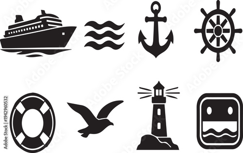 Nautical icons including cruise ship anchor lifebuoy lighthouse