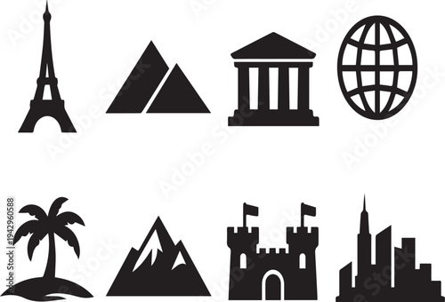Collection of iconic landmarks and travel symbols in black silhouette
