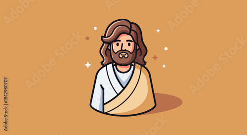 A stylized illustration of a wise figure with long hair and a robe, featuring a minimalist and modern design