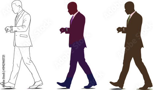 Businessman walking and looking at wristwatch, office worker checking time, punctuality concept, professional male silhouette vector illustration design