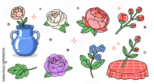 A vibrant collection of floral elements, featuring a blue vase and various colorful flowers in a modern flat style