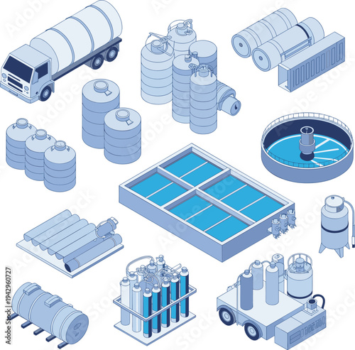 Industrial water treatment plant equipment collection including storage tanks, filtration systems, tanker truck and purification units isometric vector illustration