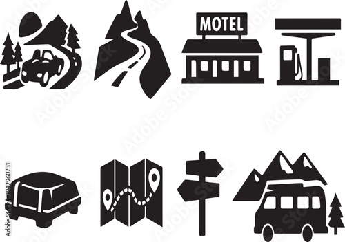 Travel and transportation icons including road trip symbols and motel signs