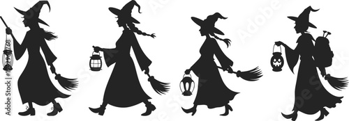 Halloween witch silhouette collection walking with broom and lantern, spooky magical female characters in pointed hats, black shadow illustration set isolated for Halloween design