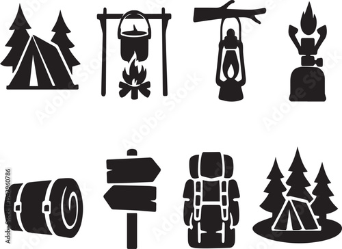 Camping icons set including tent, Fire, Lantern, Backpack, And more for outdoor and travel concepts
